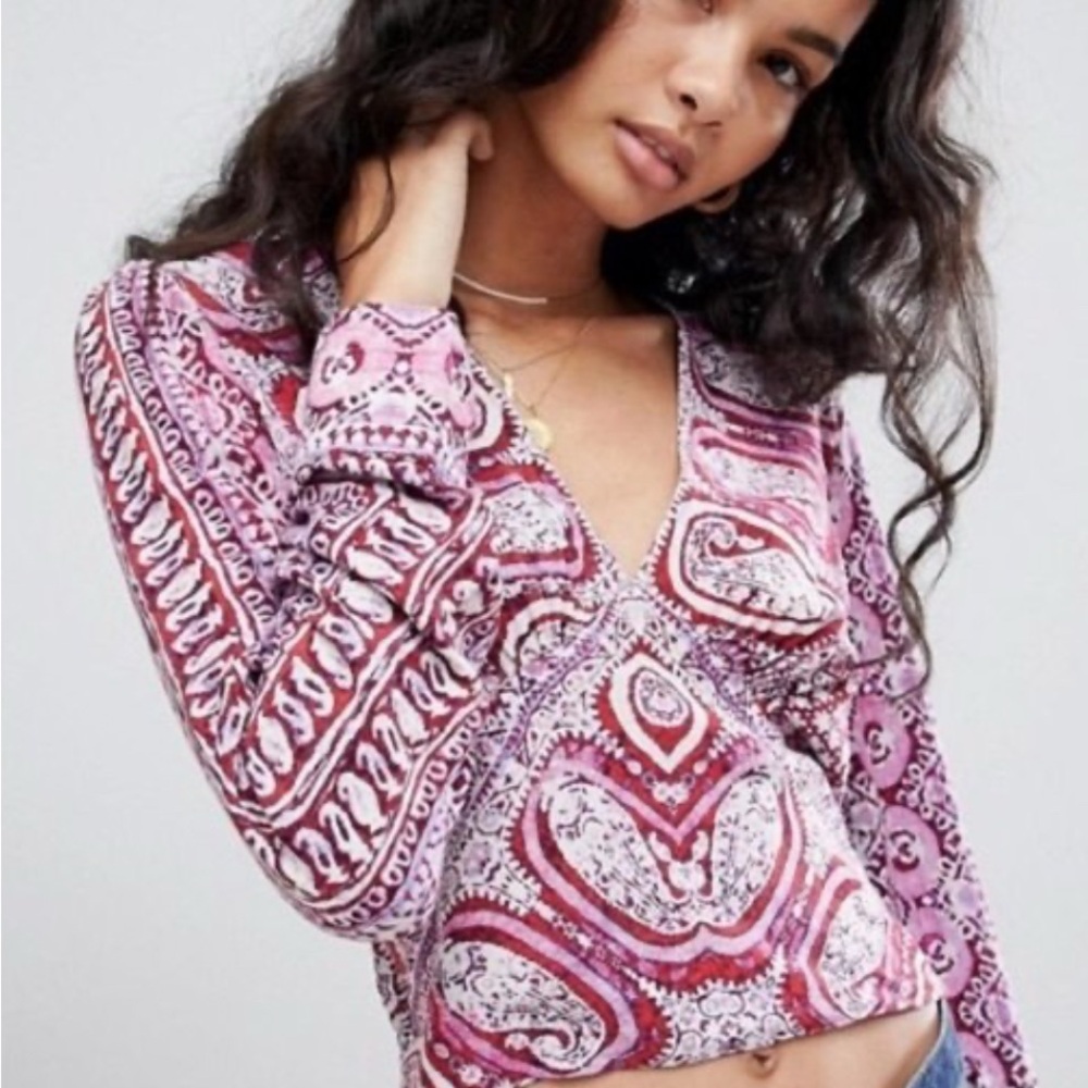 Free People Paisley V-Neck Blouse - Pink and White
